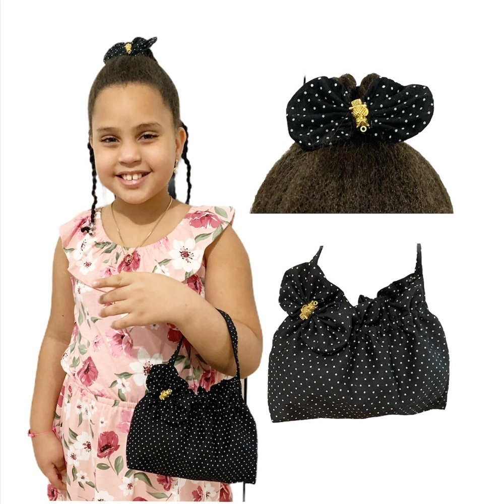 Girls set Black polka dots Tote Bag with Hair bow